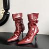 Fashion 2025 Red White Design Sexy Pleated Pointed Toe Zipper Women Ankle Boots Fashion Thin High Heels Stripper Modern Booties Shoes