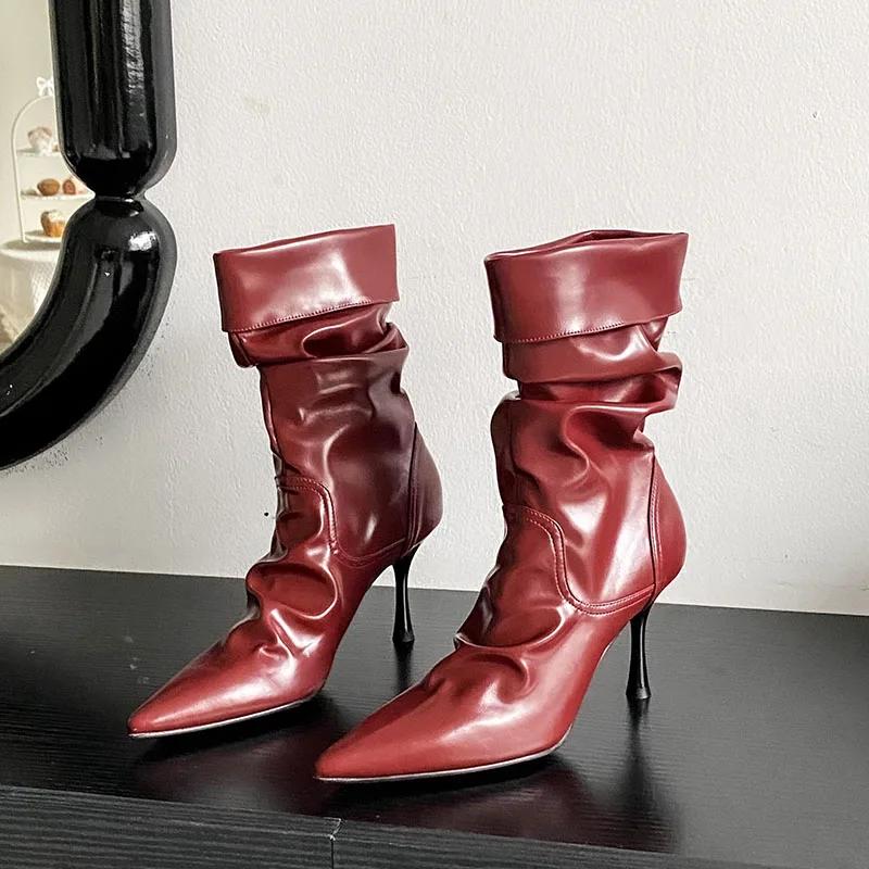 Fashion 2025 Red White Design Sexy Pleated Pointed Toe Zipper Women Ankle Boots Fashion Thin High Heels Stripper Modern Booties Shoes