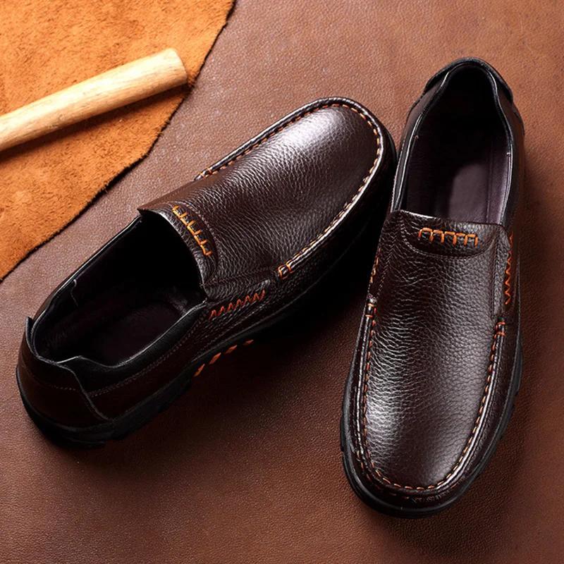 Fashion 100% Genuine Leather Shoes Men Loafers Soft Cowhide Mens Casual Shoes Brand Male Footwear Black Brown Slip-on Thick Sole