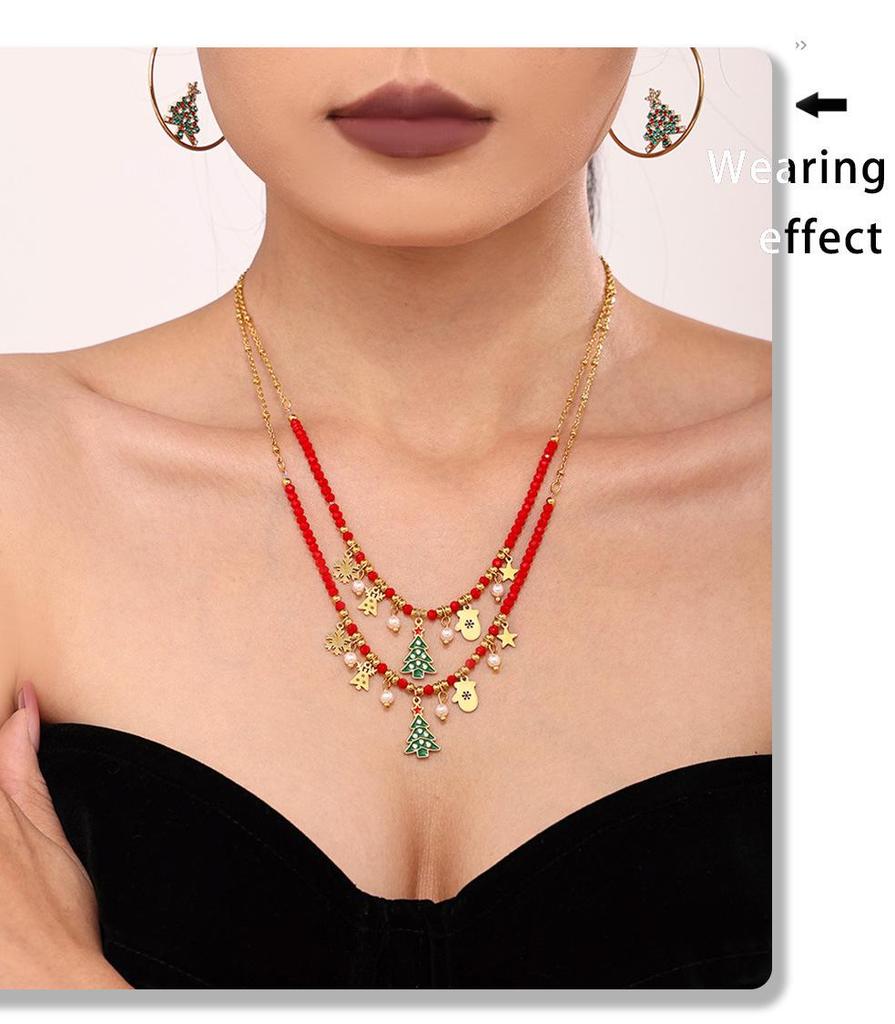 Ferris Wheel Enamel Christmas Zircon Tree Pendant Necklace - European & American Light Luxury Stainless Steel Jewelry