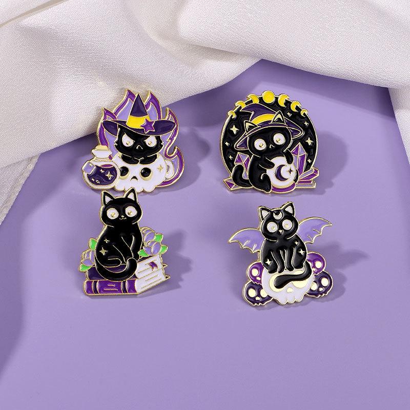 Original Enamel Alloy Brooch Cartoon Black Cat Magician Animal Lapel Pin for Backpack Clothes Decoration Cute Badge Accessory
