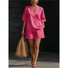 Women Solid V-Neck Top & Shorts Two Piece Matching Set, Casual Outfit for Spring Summer