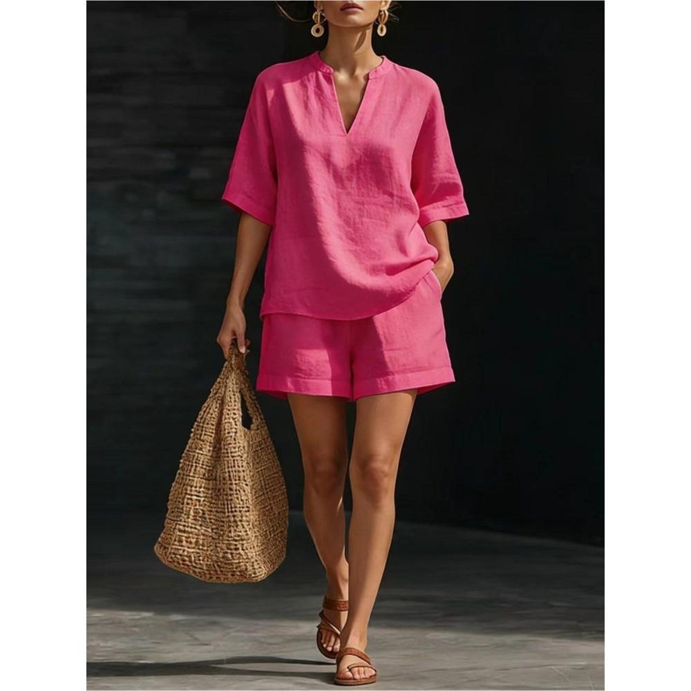 Women Solid V-Neck Top & Shorts Two Piece Matching Set, Casual Outfit for Spring Summer