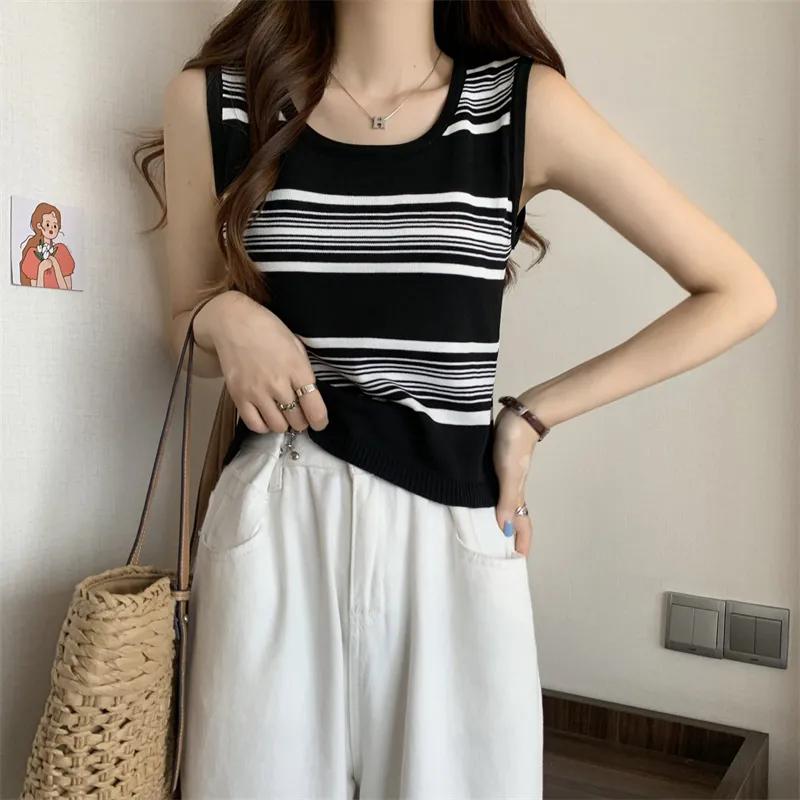 WTEMPO Girl's Retro Large Size Striped Casual Versatile Camisole Vests Women's Spring Summer Sleeveless Knitted Bottoming Tank Tops