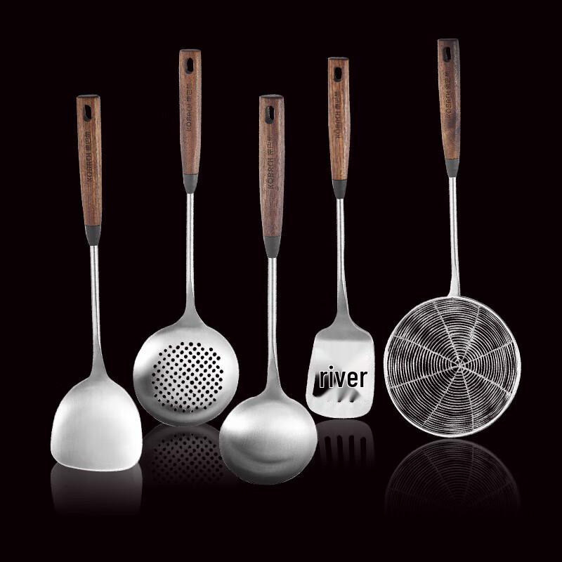 Kangbache Walnut Wood Handle 304 Stainless Steel 5-Piece Kitchen Utensil Set