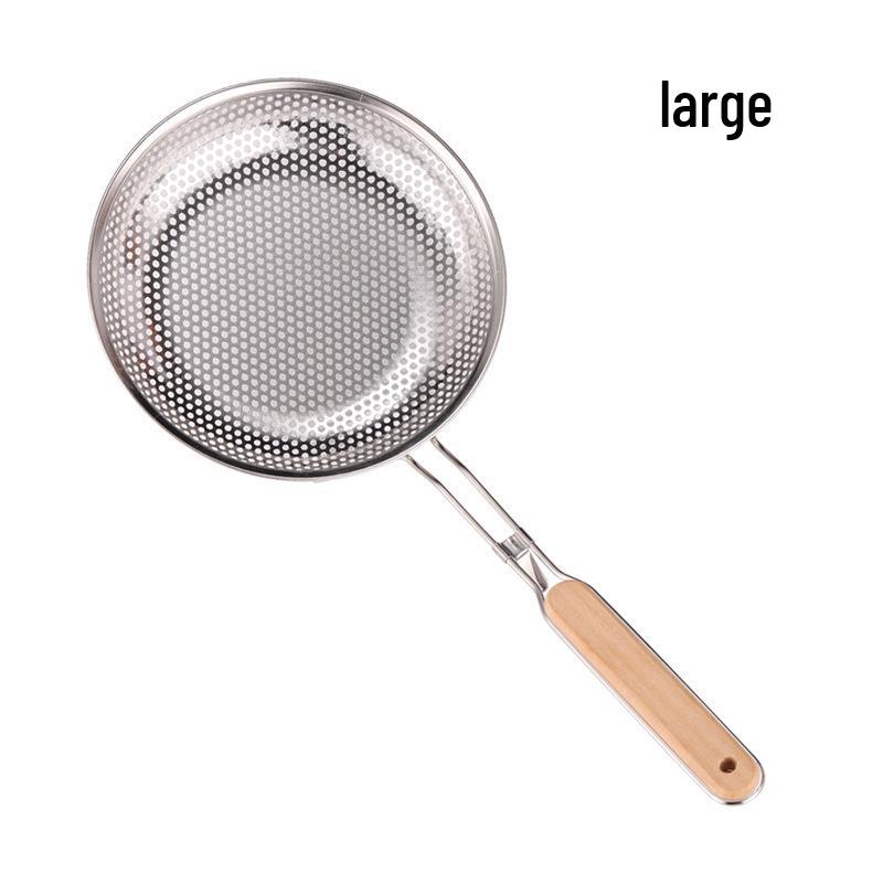 Wooden Handle Stainless Steel Perforated Oil Skimmer Ladle for Dumplings and Noodles - Thickened Frying Spoon Strainer.