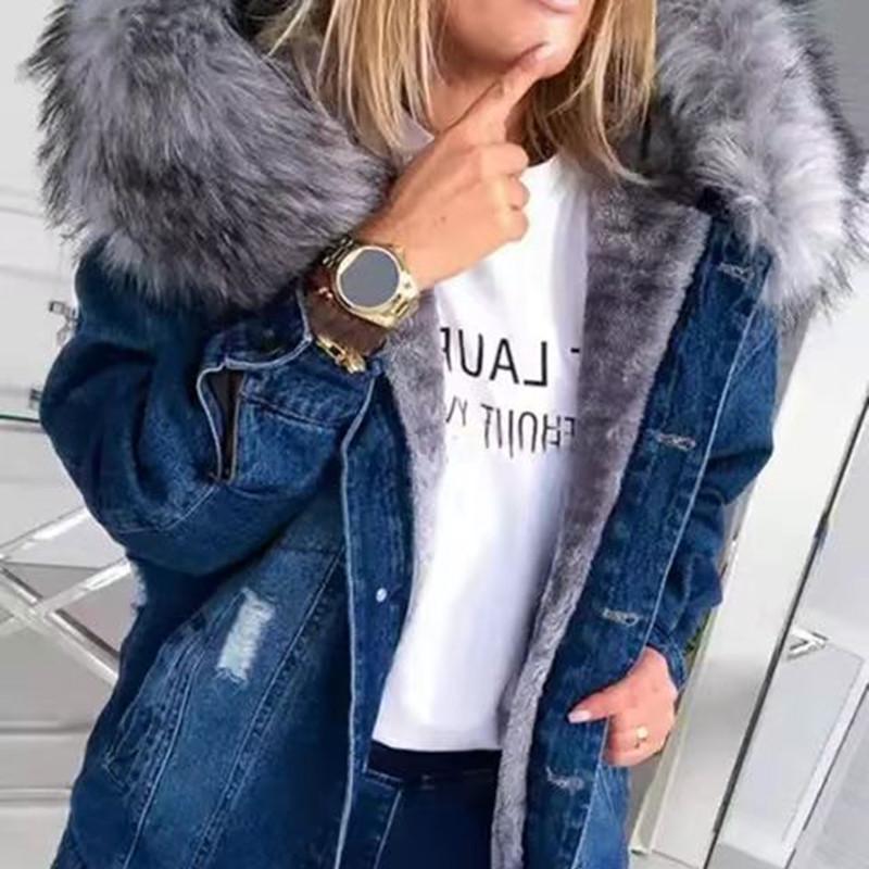 Giacca di jeans strappata foderata in pile da donna - Collezione Autunno/Inverno 2024, Stile Europeo & Americano