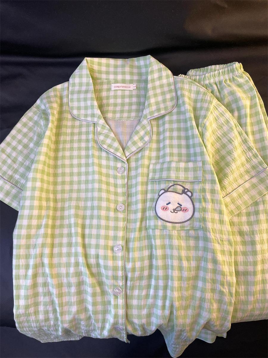 

New green plaid self-deprecating bear pajamas women s summer short-sleeved shorts ins style suit girls can wear loungewear S