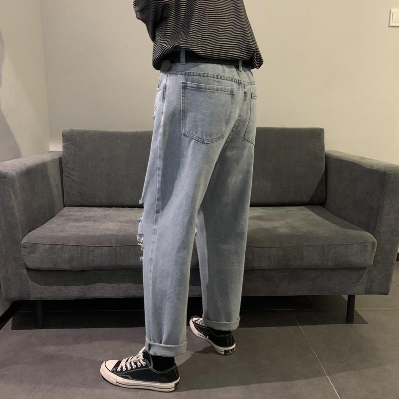 Trendy Men's Large Hole Jeans, Loose Fitting Straight Leg Wide Leg Beggar Pants, Casual Cropped Pants, Men