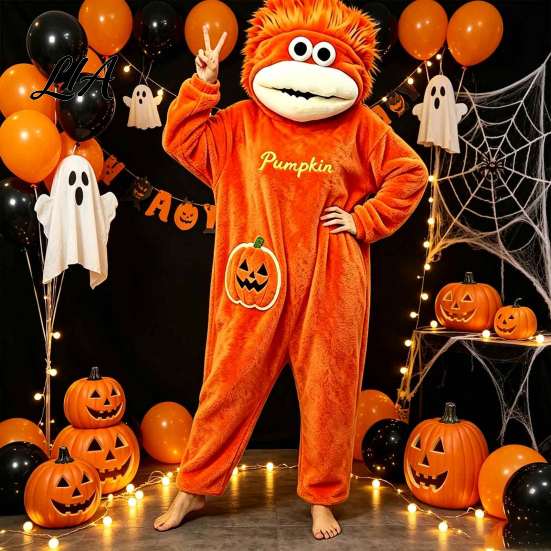 Cartoon Creature Costume Big Mouth Onesie Pajamas, Halloween Pumpkin Fleece Loose Fit Pajamas Hooded Unisex One Piece Sleepwear Loungewear