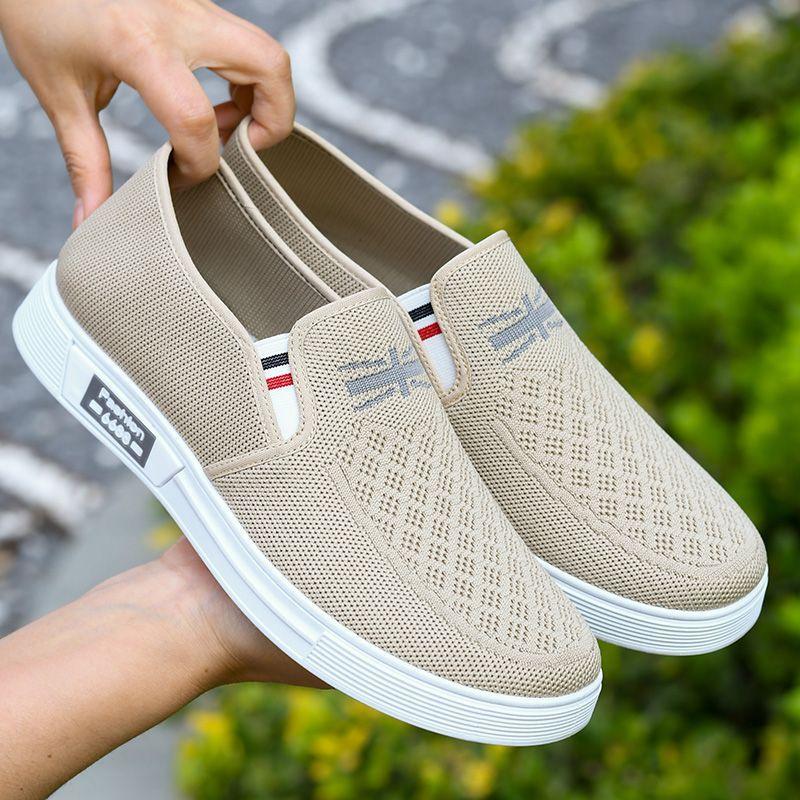 Old Beijing Cloth Shoes for Men, Breathable Fly Woven Men's Shoes, Soft Soled Anti Slip Driving Shoes, One Foot Lazy Shoes