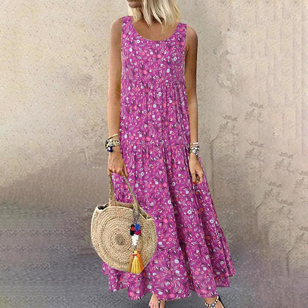 Women's Vest Dresses Summer Spring Pleated Bohemian Dresses Cute Sleeveless Flowing Beach Straight T-Shirt Tank Dresses Round Neck Dresses