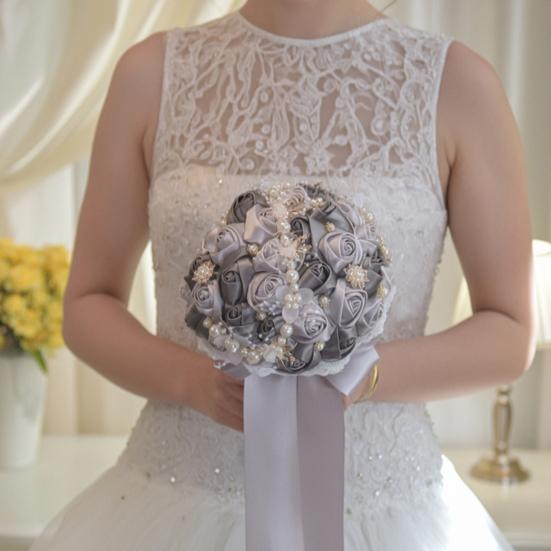 Lightweight Handheld Wedding Flowers Artificial Silk Rose Bridal Bouquet with Chiffon Ribbon, Toss for Ceremony, Vintage Style Floral Keepsake