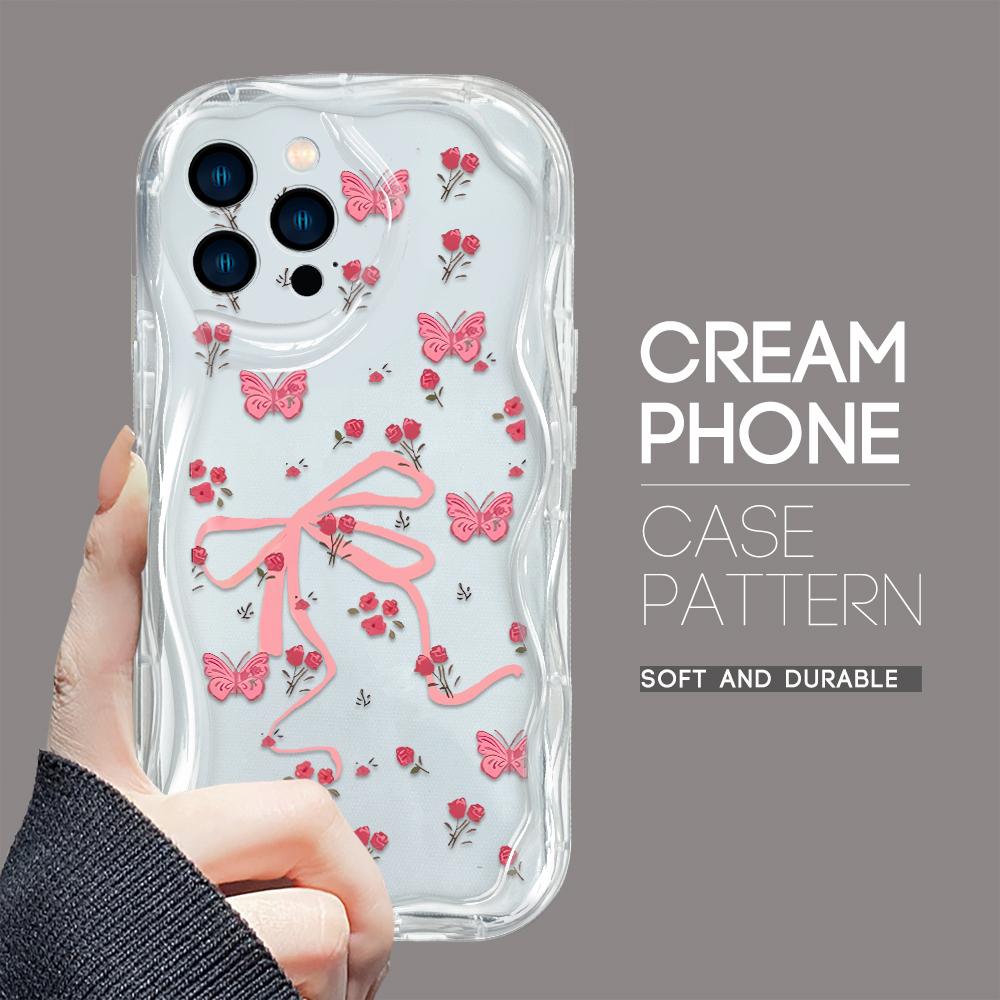 For iPhone 16 15 14 13 12 Samsung S24 S23 S22 A06 A13 A14 A15 A16 A55 Redmi Note 13 12 Flowers Butterfly Cream Texture Wavy Edge Soft Phone Case