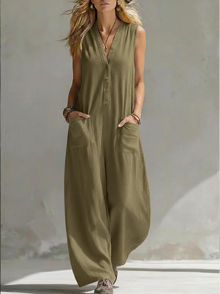 Sleeveless V-Neck Buttoned Linen Cotton Jumpsuit with Double Pockets for Casual Summer Holidays