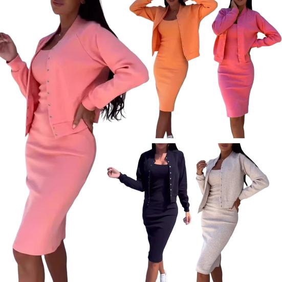 2 Stück/Set Damen Mantel Kleid Set Einreihig Rundhalsausschnitt Langärmel Jacke