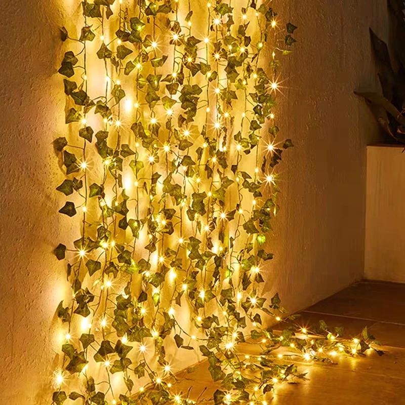 LED Green Leaf Fake Plant String Lights LED Battery Powered for Wall Room Office Birthday Home Bedroom Halloween Christmas Decor