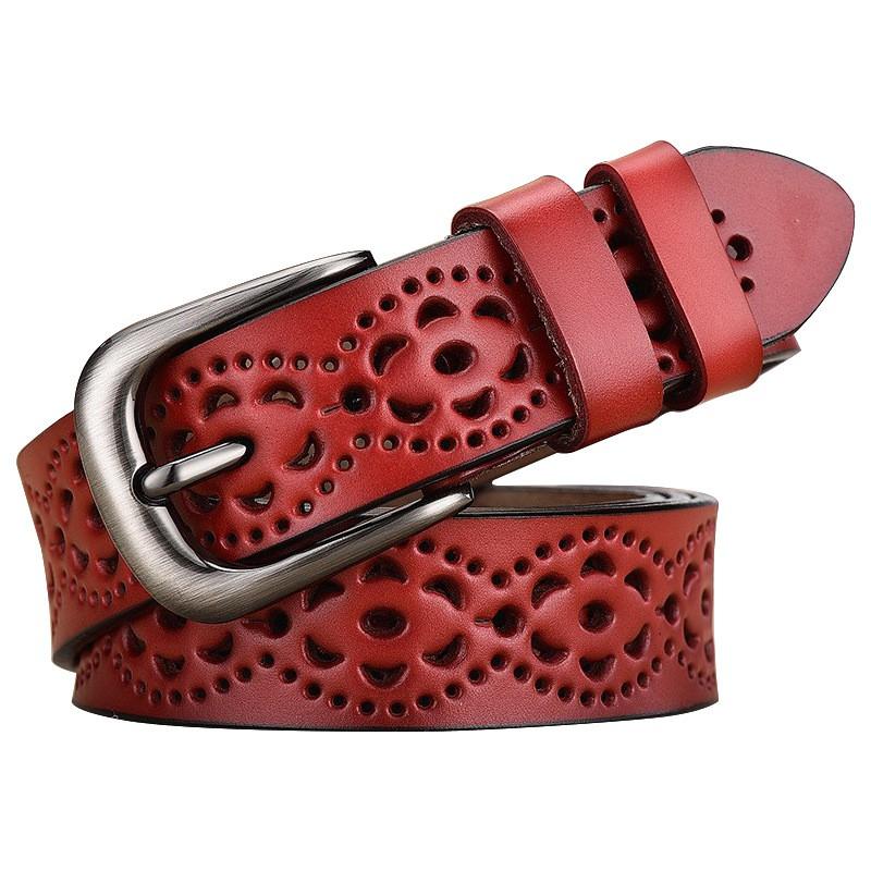 Womens Genuine Leather Belt With Geometric Cutout Design Vintage Style Alloy Pin Buckle Waistband Jeans Skirts