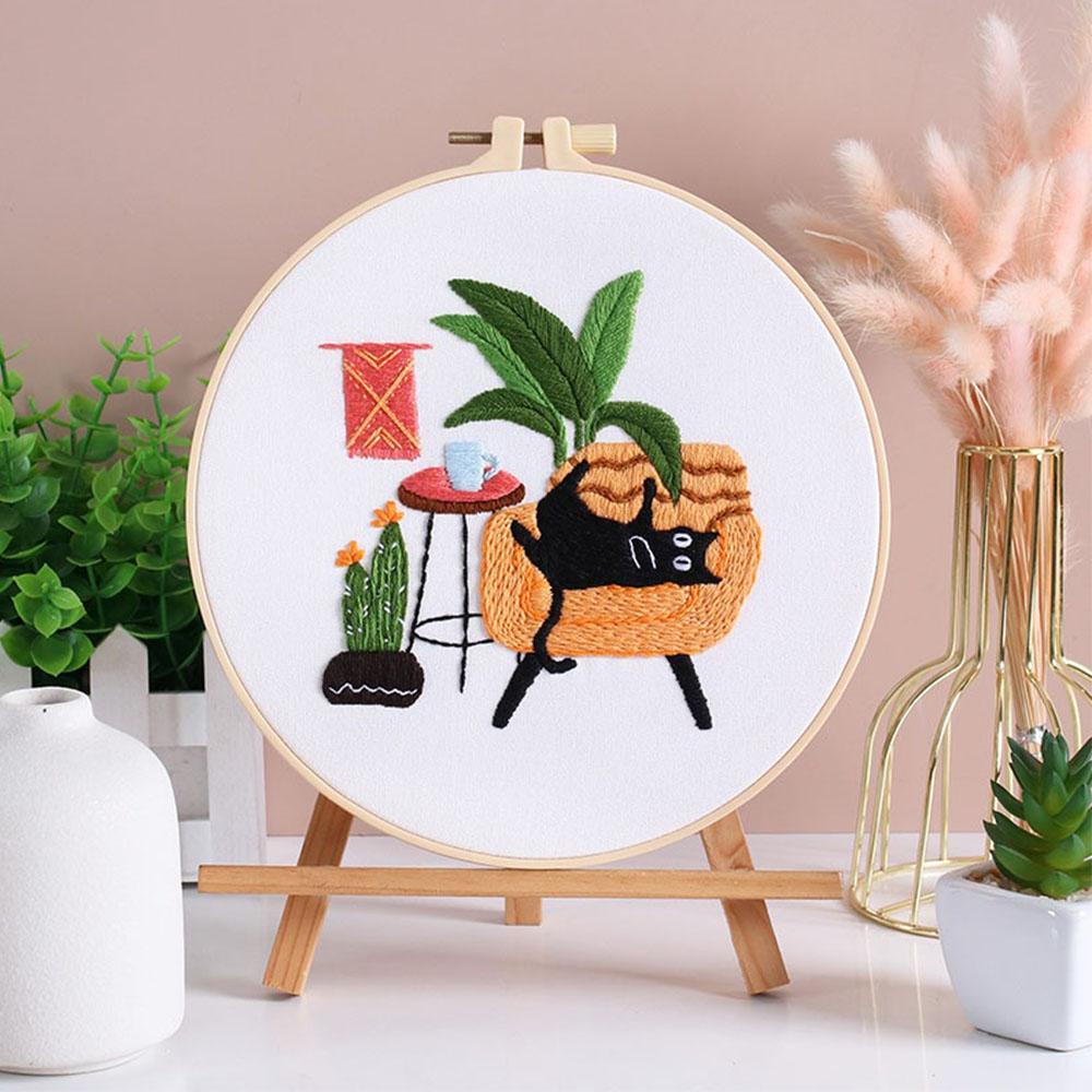 DIY Embroidery Needlework Kit Tool For Beginners Home Sewing Handcraft Embroidered Set Dynamic Black Cat Pattern Wall Decoration
