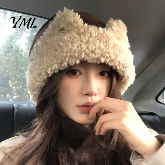 Cold Weather Hat Cat Ear Sherpa Fleece for Women, Windproof Winter Protection Cozy Thermal Hat, Thick Warm Fuzzy Skull Cap Outdoor Cycling Autumn