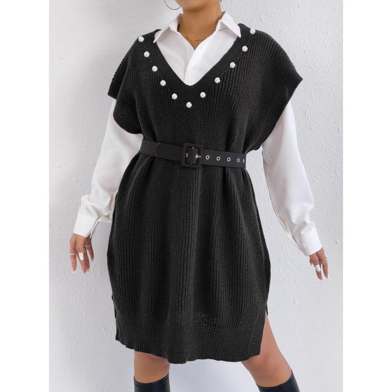 College-style Casual Vest Dress, V-neck Beaded Dress, Loose Large-sized Sweater Dress