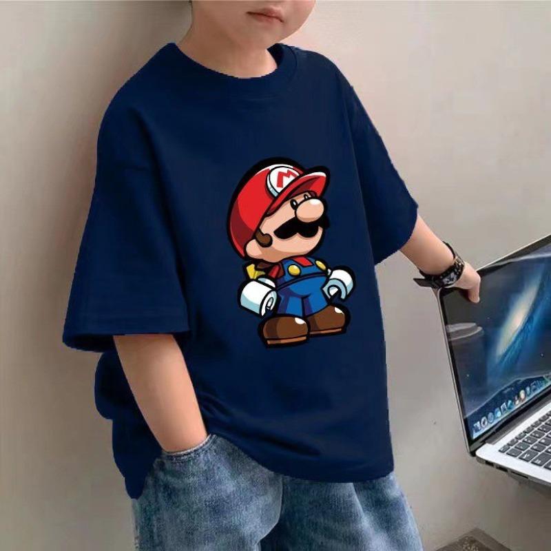 Children's T-shirt Trendy Mario Print Pure Cotton Loose Casual Round Neck Parent-child Short Sleeved 2026 Summer New Item