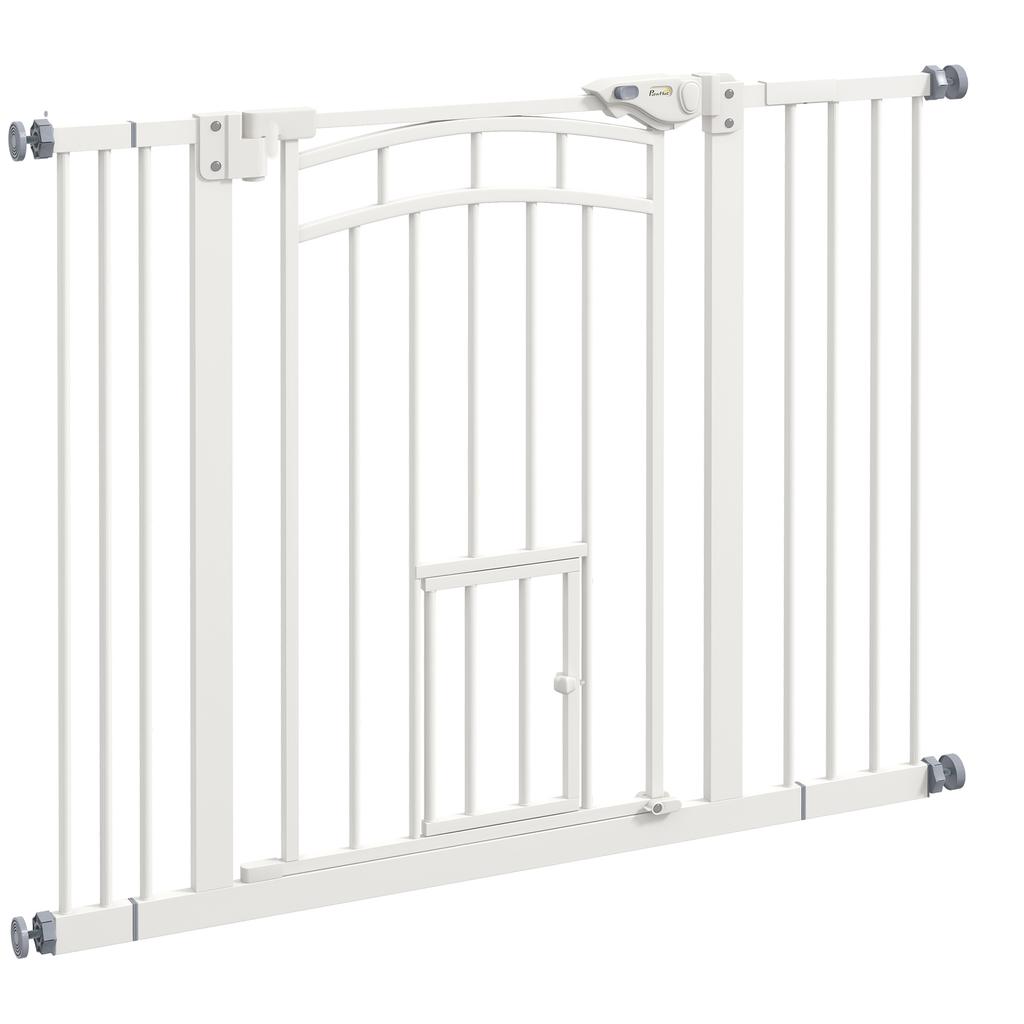 Pressure Fit Stair Dog Gate W/ Small Cat Door, Automatic Closing Door, Double Locking, for 74-100cm Openings - White