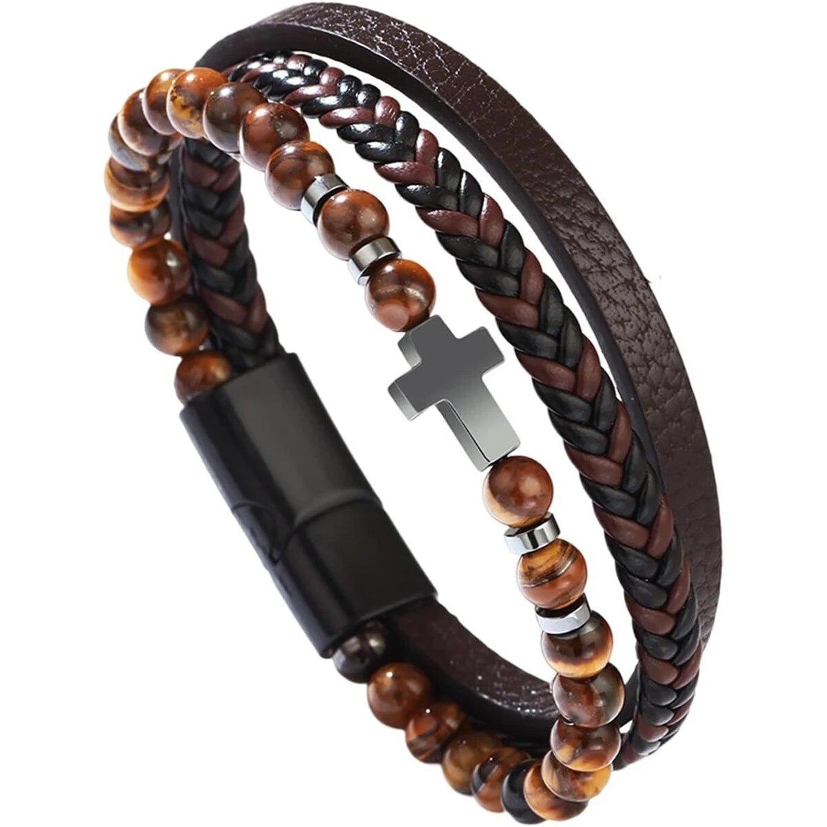

Cross Bracelet Men, Multi-Strand Woven Bangle, Cuff Wristband Or Birthday Gift for Him