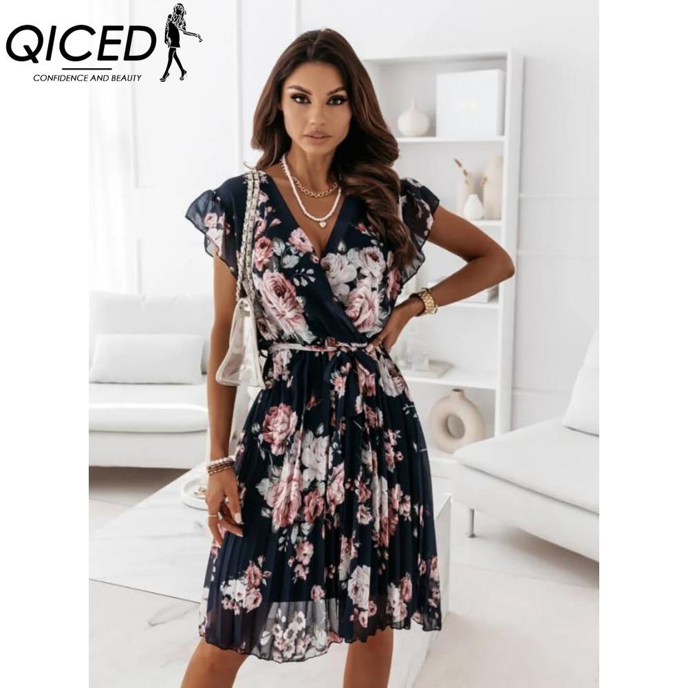 QICED Lockeres Sommer Plissee Damen Midi Kleid V-Ausschnitt Hohe Taille Freizeitkleid