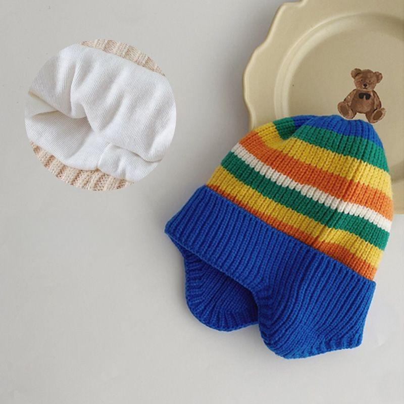 

Infant Pullover Rainbow Striped Hat Autumn and Winter Ear Protection Hat for Boys and Girls Plus Velvet Thickened Warm Baby Woolen Hat One Size