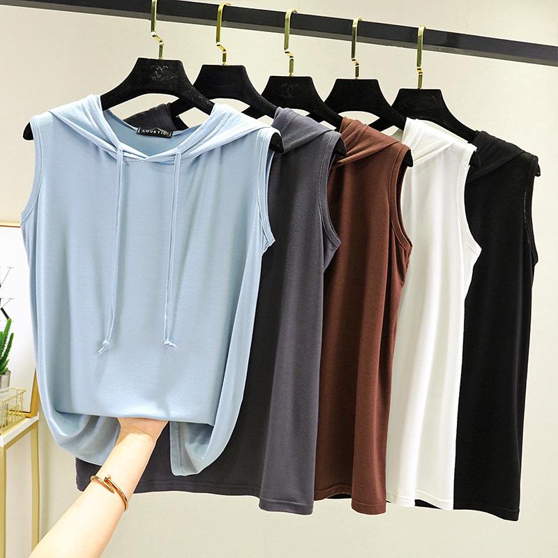 Spring Summer Women's Sleeveless Modal Vest Hooded Sweatshirt - Plus Size Slimming Loose Fit