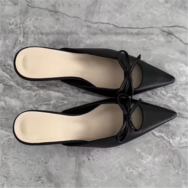

French Baotou Shallow Mouth Women s Outer Wear Pointed Toe Slim Heel Sandals and Slippers Bow Knot High Heels 40 чорний