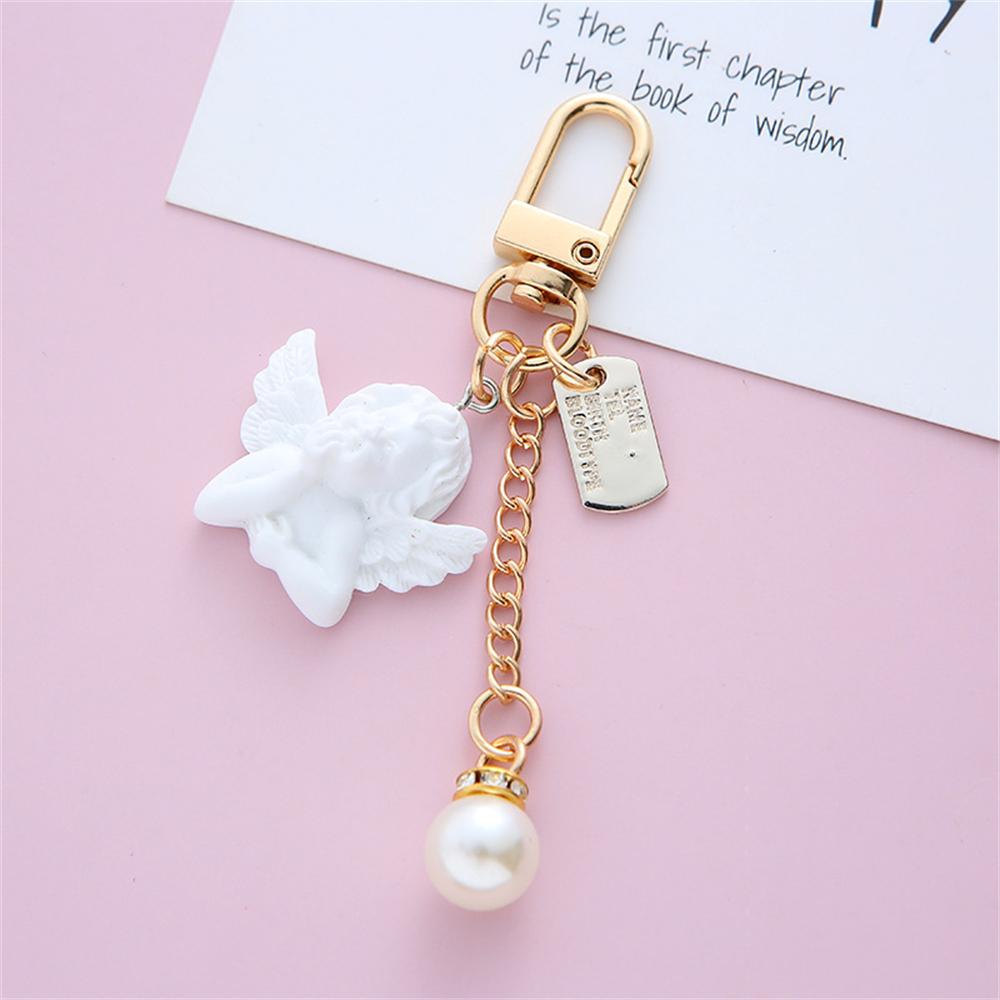 Creative White Angel Keychain Vintage Mini Pearl Keyring Gold Color Car Key Holder Bag Charms Accessories Holiday Gift For Women