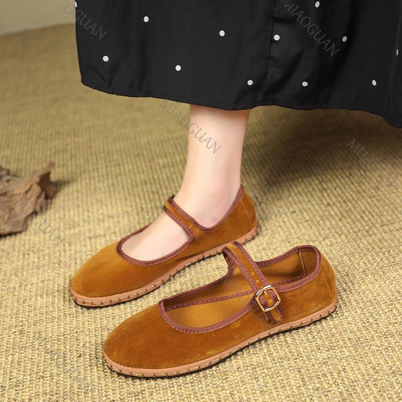Fashion Retro Flat Suede Shoes for Women Casual Spring Belt Buckle Strap Women's Flats Solid Round Toe Shallow Soft Bottom Ladies Shoes