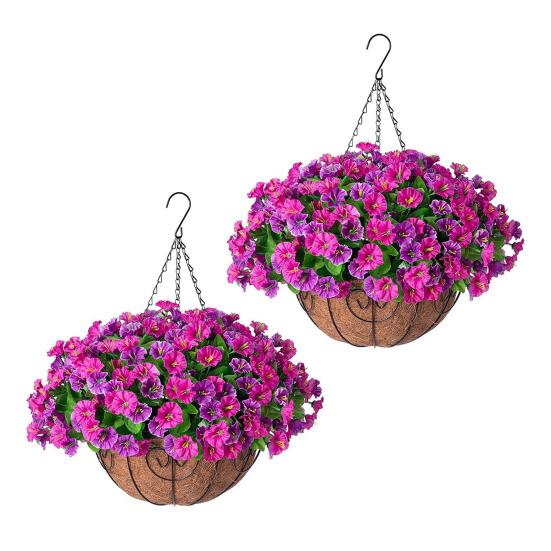 Artificial Hanging Fake Flowers with Basket Outdoor UV Resistant Faux Silk Morning Glory Vines Plants for Porch Patio Garden Balcony Yard Spring