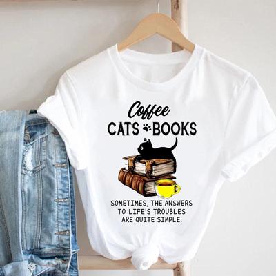 Women Books Cat Coffee Vintage  Print Tee Top Summer Fashion Tshirt Short Sleeve Lady Female Clothing Casual Graphic T-shirt