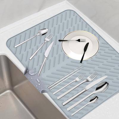 Silicone Dish Drying Mat for Kitchen Non-Slip Drain Pad with Water Outlet , Heat Resistant Dish Drying Pad for Plates Cups