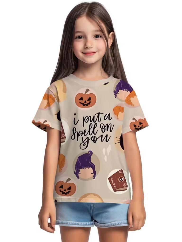 T-Shirt for Girls Halloween Cartoon Pumpkin Print Round Neck Short Sleeve Tops Fashion Girls Clothes Holiday Children's Clothing