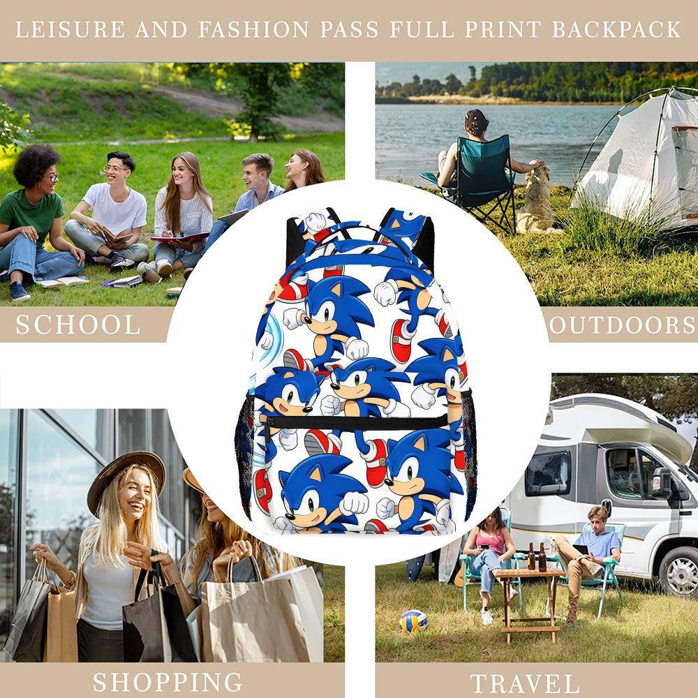Cute Sonic The Hedgehog Full Print Backpack Durable Casual Daypack with Mesh Pocket for School Picnic Travel