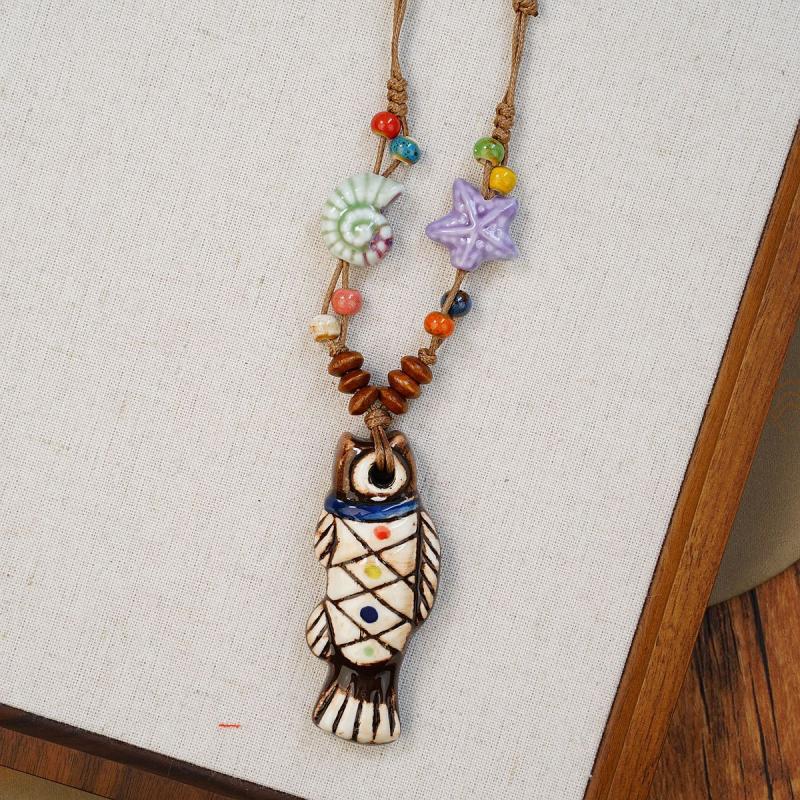 Ethnischer Stil Keramikfisch Halskette für Damen Mädchen Chinesischer Stil Keramikperlen Lange Pulloverkette Modeschmuck Zubehör Geschenk
