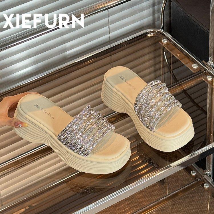 Slope heel rhinestone thick-soled one-word slippers 2025 summer new outer wear with skirt open-toed versatile casual cool slippers
