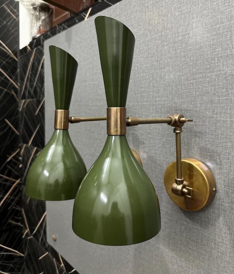 Mid Century Modern Brass Wall Sconce: Italian Diabolo Olivine Bedside Lamp