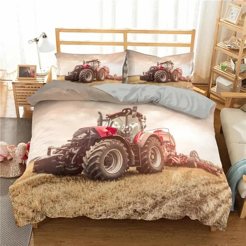 Retro Tractor King Queen Duvet Cover Car Bedding Set Engineering Vehicle Quilt Cover Farm Tool Cart Polyester Quilt Cover