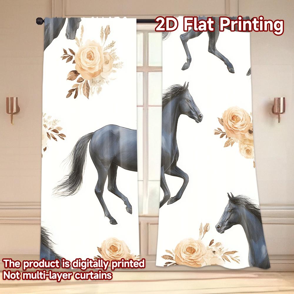 Flat Printing Curtains Without Rod Floral Horses Design Ramadan Festival Fashion Durable Polyester Fabric Curtain Set Of 2 Made Washable
