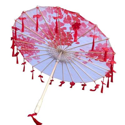 Chinese Japanese Art Silk Parasol Umbrella Large 82cm Classic Tassel Decorative Umbrella Embroidery Ribbon Umbrella Photo Prop