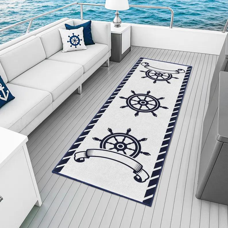 Nautical Anchor Compass Area Rug, Marine Theme Non-Slip Carpet for Yacht Deck and Living Room, Coastal Home Decor