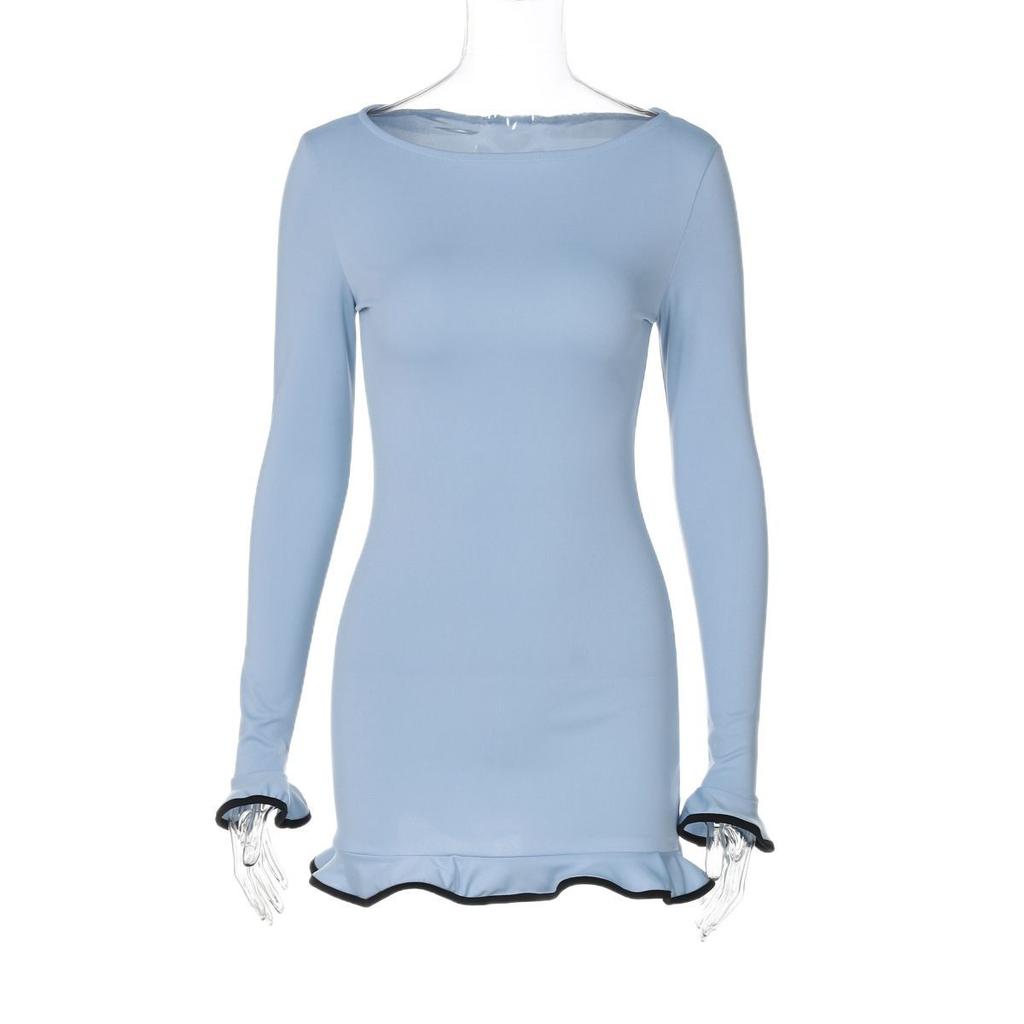 New Knitted Ruffle High Waist Mini Dress Women's Sexy Slim Long Sleeve Short Skirt Bodycon Dress Fall Luxury Crochet Clothes