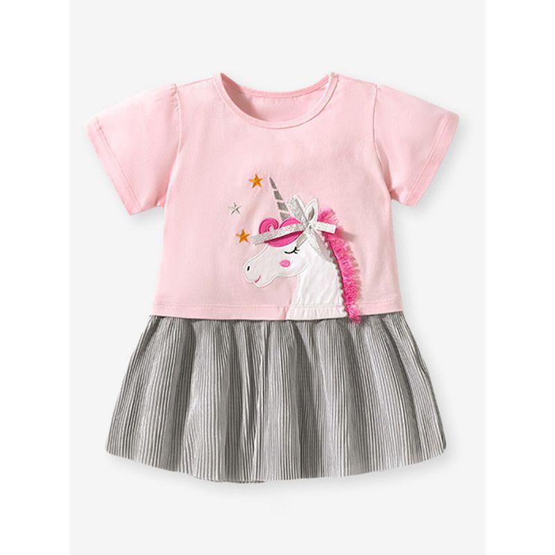 Girl Pink Pleated Dress Baby Short Sleeve Fashionable Skirt Children's Summer Clothing Children's Unicorn Princess Dress