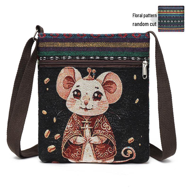 Damen Canvas Umhängetasche - Niedlicher chinesischer Stil, ethnisches Miao-Design, vielseitige gewebte Stoff Schulter- & Handytasche
