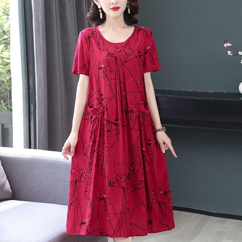 Damen Frühling Sommer Leichtes Glattes Kleid Bestickte Übergrößenkleider Kurzarmkleider